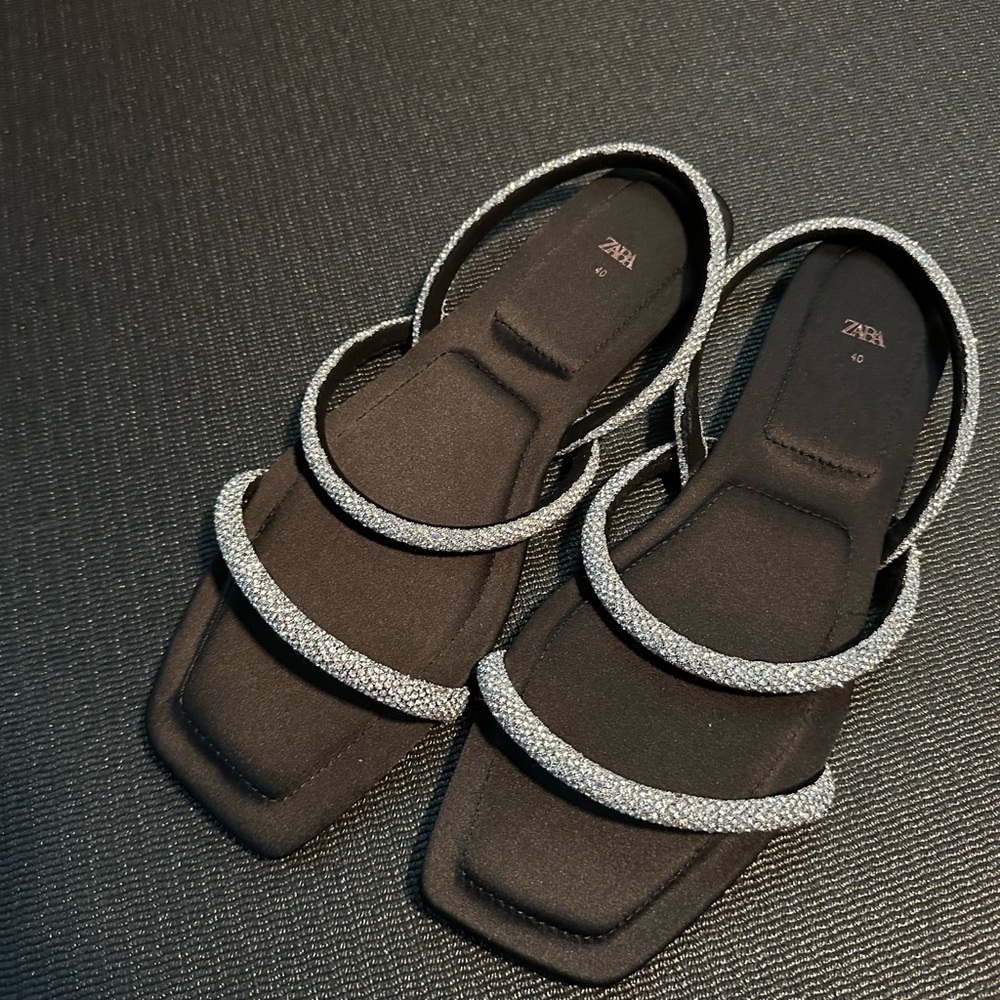 Zara Black Sandals with Silver Crystal Straps